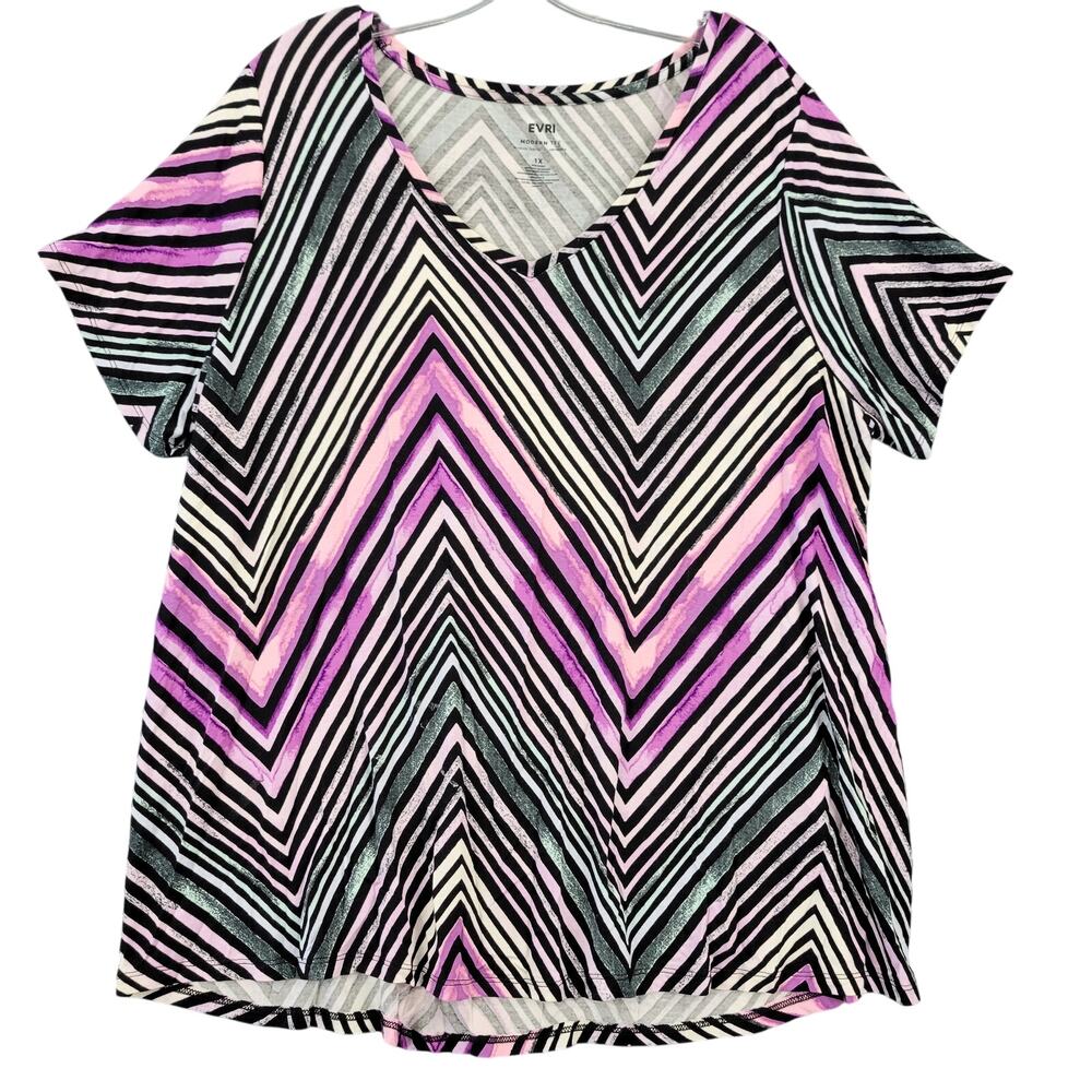 EVRI Black Purple Shirt Stretch Preppy Short Sleeve V-Neck Tee Top Women Size 1X